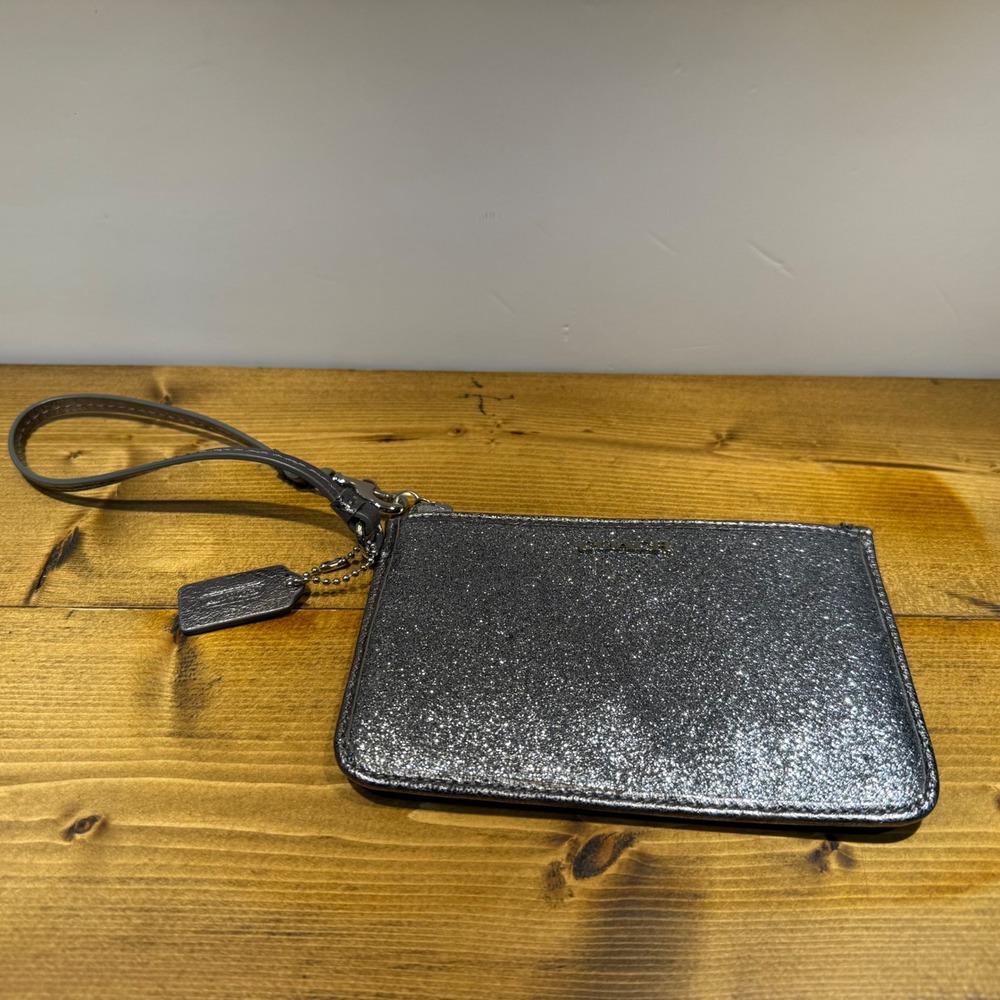 Coach Silver Glitter Metallic Wristlet Pouch Wallet with Leather Trim Y2K